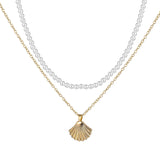Double Layer Pearl & Scallop Shell Pendant Necklace, Bohemian Summer Beach Ocean Choker for Women