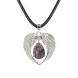 Vintage Silver Angel Wings Heart Necklace - Natural Stone Wax Cord Teardrop Pendant for Men & Women, Spiritual Gift