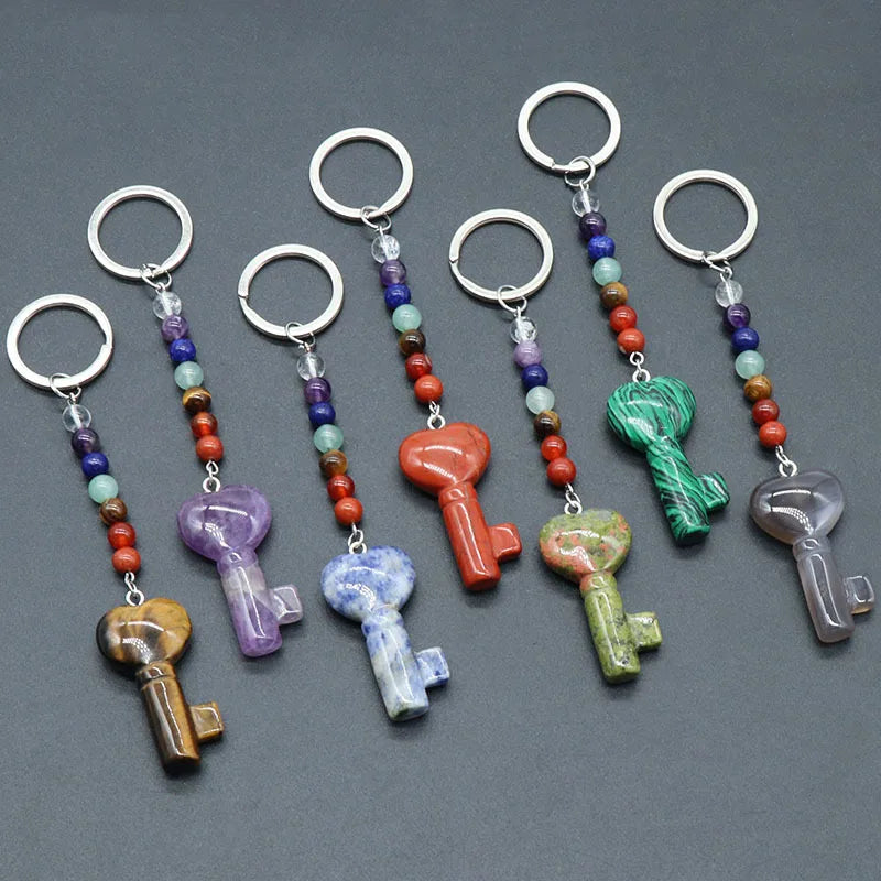 7 Chakra Beads Heart Key Crystal Keychain, Natural Healing Gemstone Love Key Pendant Gift