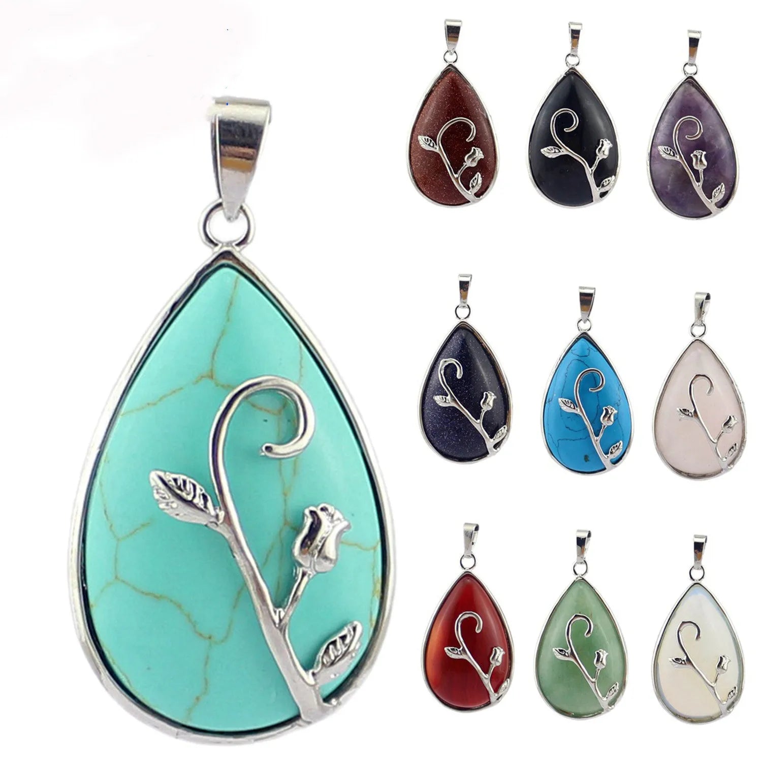 Silver Branch Rose Inlaid Teardrop Natural Crystal Pendant Water Drop Chakra Healing Gemstone Charm for DIY Necklace Jewelry Making