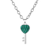 Heart Key Natural Crystal Pendant Necklace Silver Alloy Love Lock Gemstone Chakra Healing Necklace for Women Gift