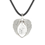 Vintage Silver Angel Wings Heart Necklace - Natural Stone Wax Cord Teardrop Pendant for Men & Women, Spiritual Gift