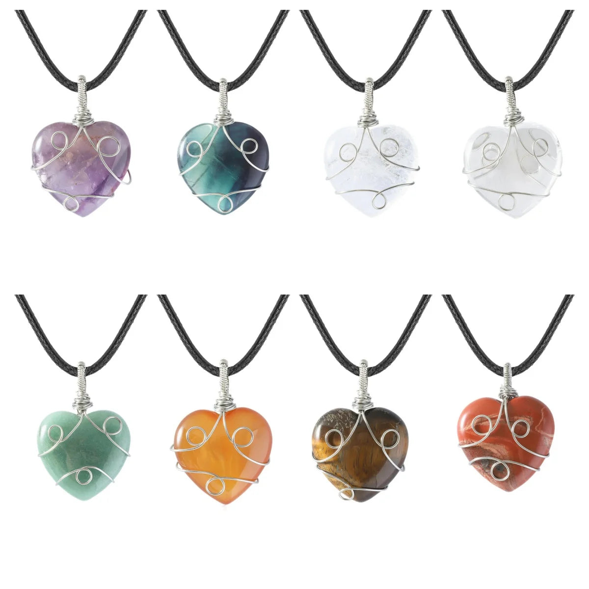 Handmade Wire Wrapped 30mm Heart Gemstone Pendant Necklace 45CM Black Cord #SN1751