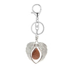 Silver Angel Wings Heart Keyring - Natural Stone Teardrop Crystal Keychain for Purse, Backpack, Handbag, Car Keys