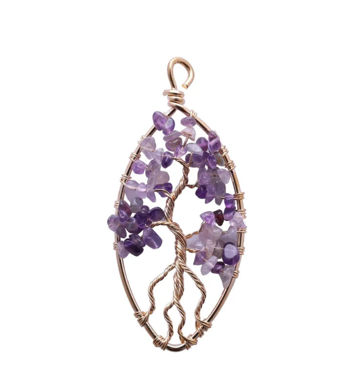 Hand Wrapped Tree of Life Crystal Pendant Natural Chip Stone Oval Wire Wrapped Pendant for Jewelry Making DIY Necklace Charm