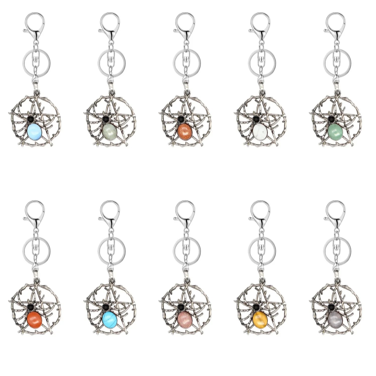 Wholesale Halloween Spider Web Keychain | Antique Silver Natural Gemstone Charm for Gifts & Bag Decoration