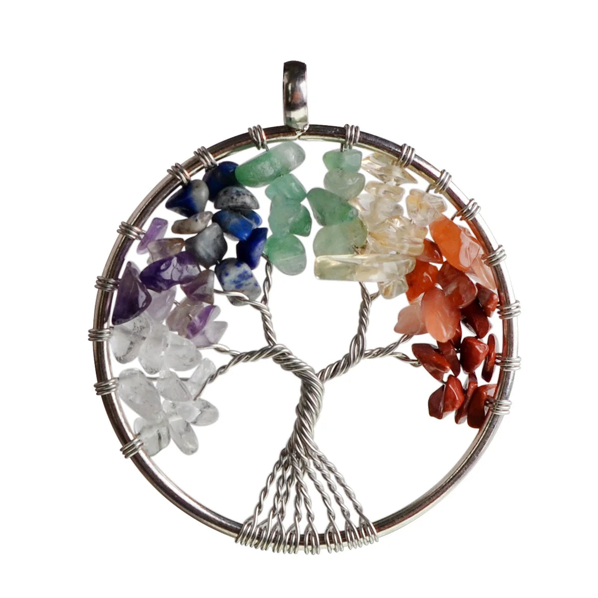 Tree of Life Crystal Chip Pendant, Silver Wire Wrapped Round Natural Gemstone Tree of Life Charm, Reiki Healing Stone Necklace Pendant for Women