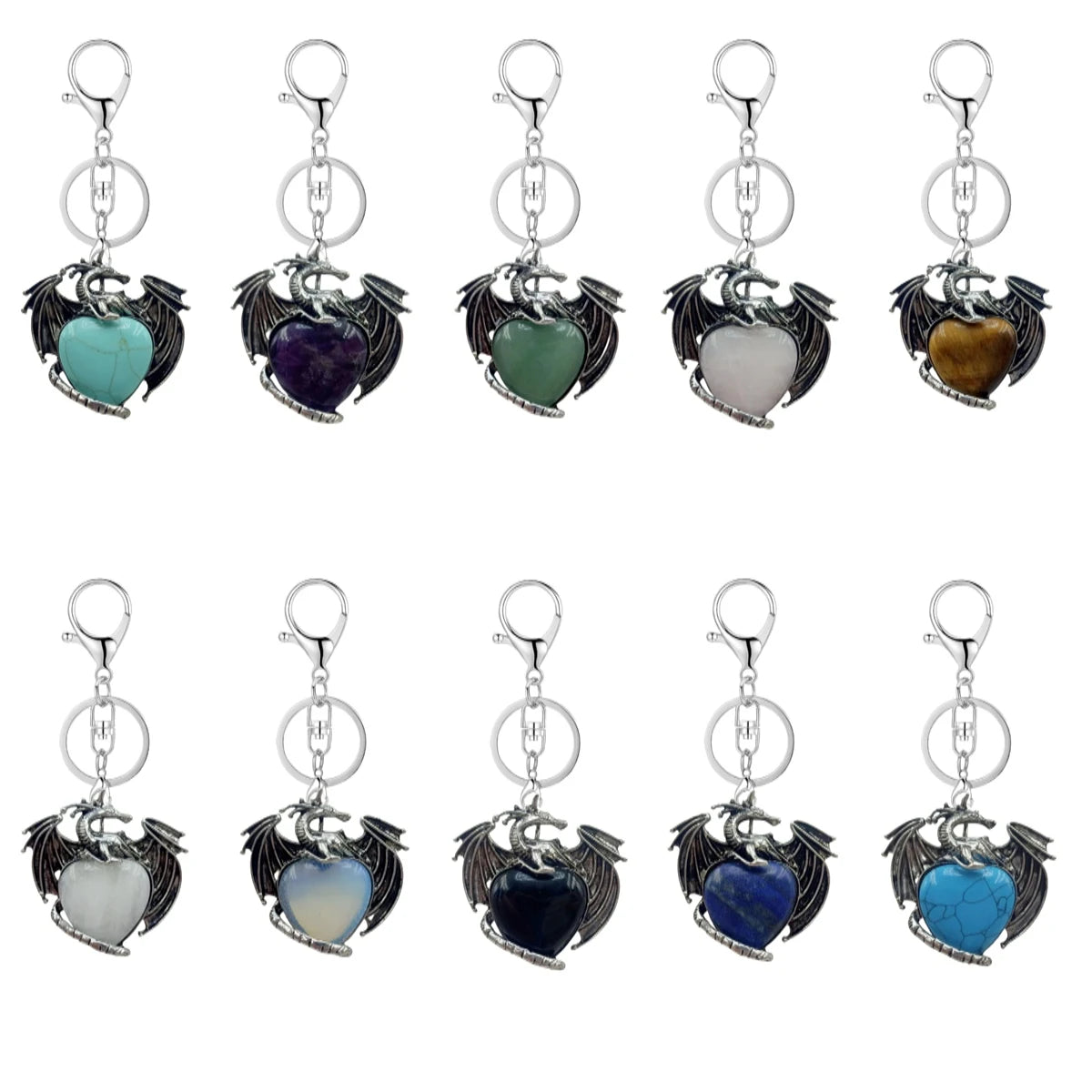 Vintage Silver Dragon Heart Crystal Keyring | Natural Stone Healing Quartz Pterosaur Charm Keychain for Purse, Backpack, Car Keys