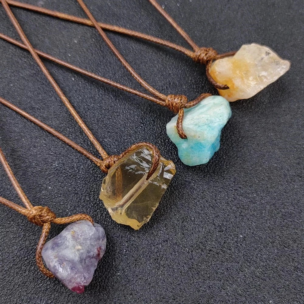 Natural Raw Crystal Rough Stone Pendant Necklace, Irregular Gemstone Hand Knotted Brown Rope Choker for Unisex