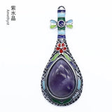 Ethnic Enamel Vase‑Shape Natural Gemstone Pendant, Retro Hollow Alloy Teardrop Cabochon Crystal Pendant, Colorful Enamel Chakra Reiki Healing DIY Necklace Jewelry Charm