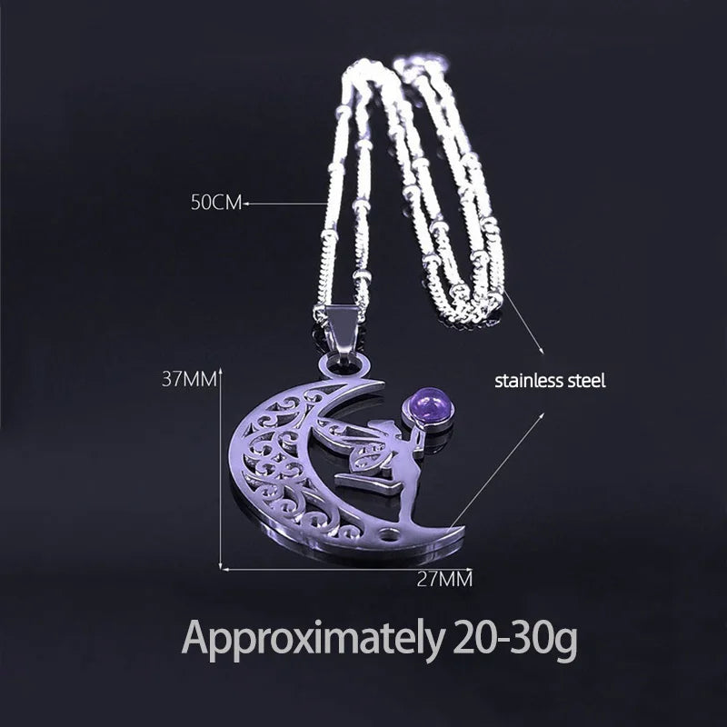 Vintage Stainless Steel Fairy on Moon Pendant Necklace - Natural Amethyst Stone Celestial Jewelry - Whimsical Angel Necklace for Women