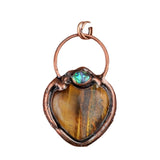 Vintage Copper Heart Crystal Necklace - Natural Gemstone Amethyst Rose Quartz Love Pendant with Abalone Shell Accent Witchy Jewelry