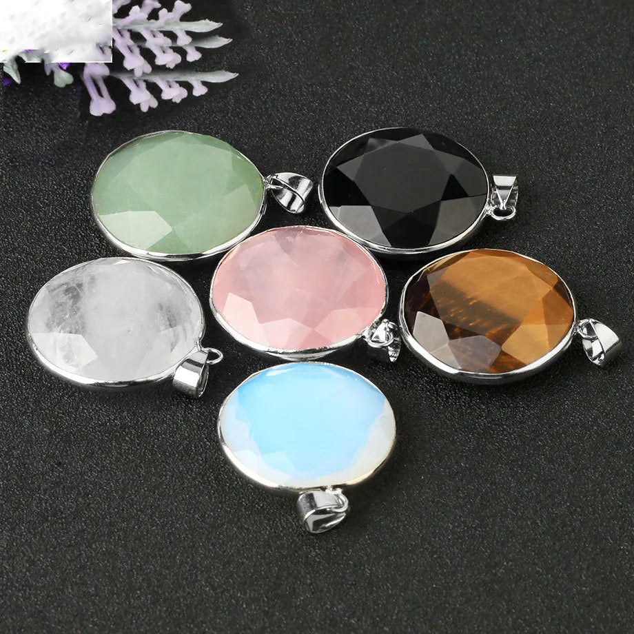 Polished Multi-Facet Round Crystal Pendant | Silver Rim Chakra Healing Gem for Men Women Handmade Jewelry Supply