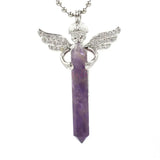 Silver Angel Wing Natural Crystal Point Pendant 35×65mm, Double Terminated Hexagonal Crystal Stone Charm, Reiki Chakra Healing Angel Guardian Pendant for DIY Necklace Spiritual Boho Jewelry Gift