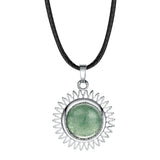 Sunburst Round Natural Gemstone Pendant, Silver Plated Sun Ray Frame Round Cabochon Crystal Stone Pendant Reiki Chakra Healing Charm for DIY Necklace Jewelry Making
