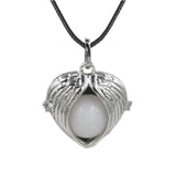 Angel Wing Heart Crystal Ball Pendant Necklace Silver Plated Natural Round Stone Chakra Healing Black Wax Cord Necklace for Women