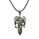 Gothic Winged Dragon Hexagonal Crystal Point Necklace, Vintage Silver Pterosaur Column Pendant, Punk Minimalist Protection Amulet with Black Rope Cord for Men & Women