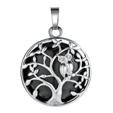 Natural Crystal Tree of Life Owl Pendant Necklace – 30mm Round Gemstone Amulet Jewelry Gift for Women