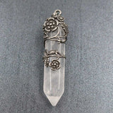 Antique Silver Flower Wire Wrapped Crystal Point Pendant, Natural Gemstone Double Terminated Point Pendant, Floral Metal Wrap Reiki Chakra Healing Pendulum Necklace Pendant for Women