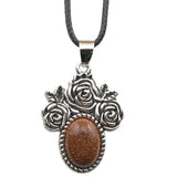 Silver Rose Flower Oval Gemstone Necklace 45CM Black Cord SN1503  10X14mm Stone Cab Pendant Jewelry
