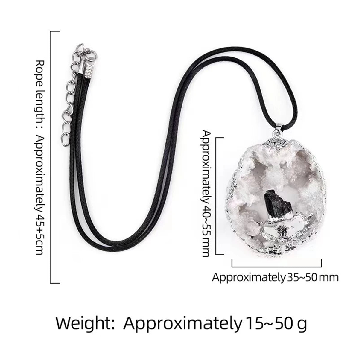 Drusy Agate Crystal Pendant Necklace Jewelry Raw Crystal Cluster Silver Wrapped 45cm Black Cord