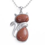 Natural Gemstone Cat Pendant Silver‑Tone Alloy Animal Charm Double Teardrop Inlaid Crystal Stone 22×40mm Chakra Reiki Healing Pendant for DIY Necklace Jewelry Making Bulk