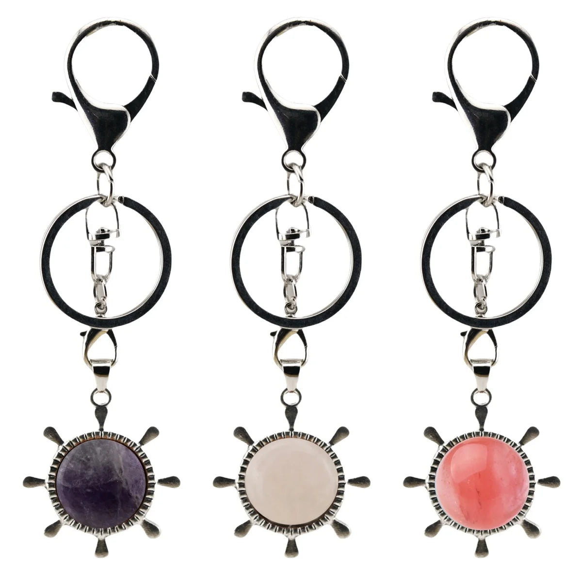 Vintage Silver Ship Rudder Keychain • Antique Nautical Helm Wheel Keyring with Natural Gemstone Ball • Coastal Car Key Holder Backpack Bag Charm