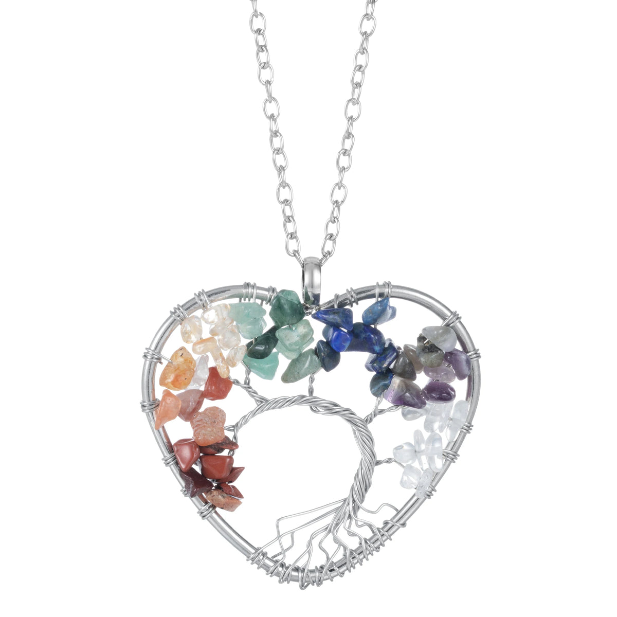 Heart Shaped Tree of Life Pendant Necklace, Natural Chip Gemstone Chakra Crystal Necklace Silver Wire Wrapped Jewelry Gift for Women