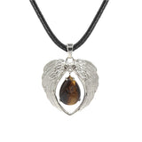 Vintage Silver Angel Wings Heart Necklace - Natural Stone Wax Cord Teardrop Pendant for Men & Women, Spiritual Gift