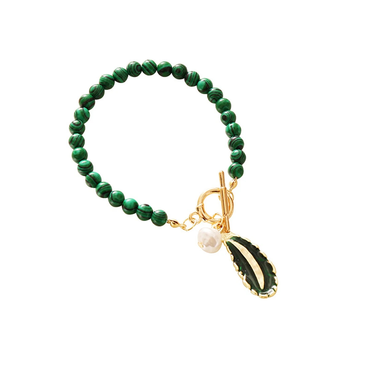 Vintage Green Malachite Bracelet Freshwater Pearl & Leaf Pendant Toggle Bracelet Elegant Bridal Party Stacking Jewelry Gift