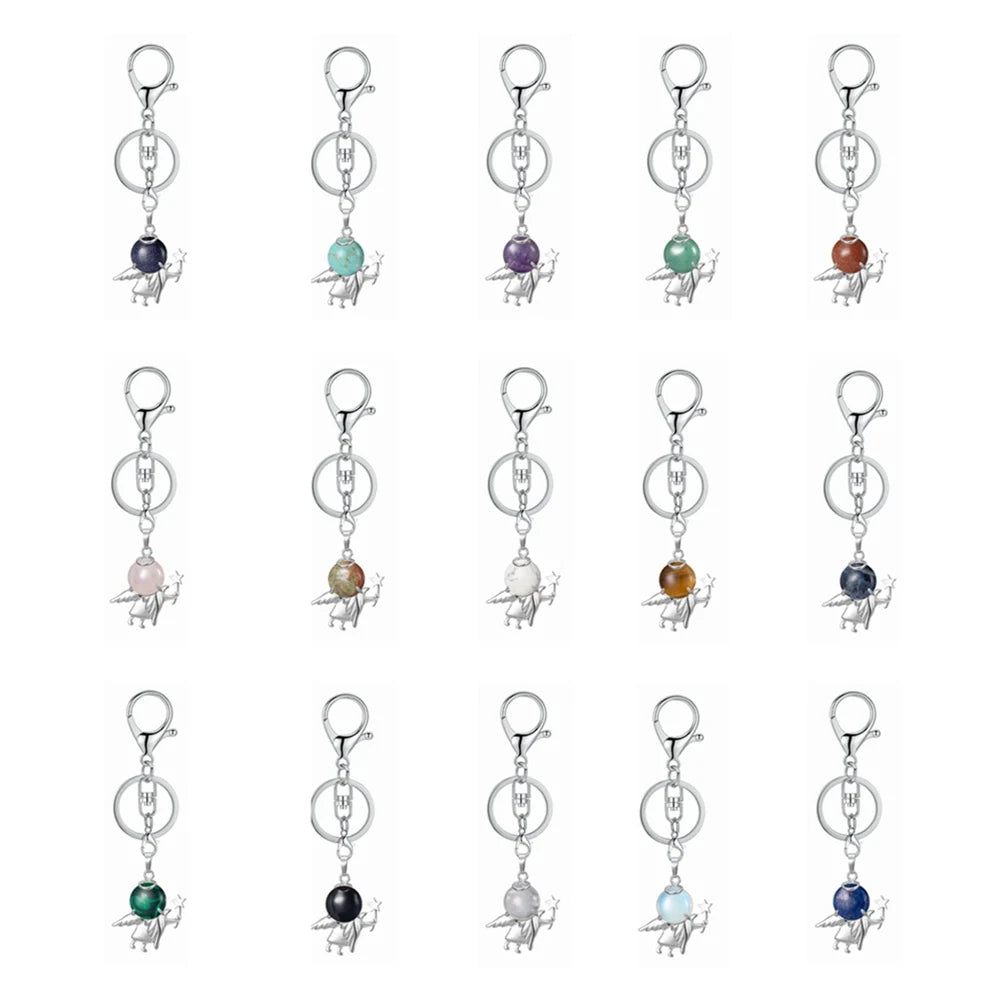 Guardian Angel Natural Crystal Ball Keychain, Silver‑Plated Angel Figurine Gemstone Sphere Charm Key Ring Reiki Spiritual Bag Pendant Gift for Women