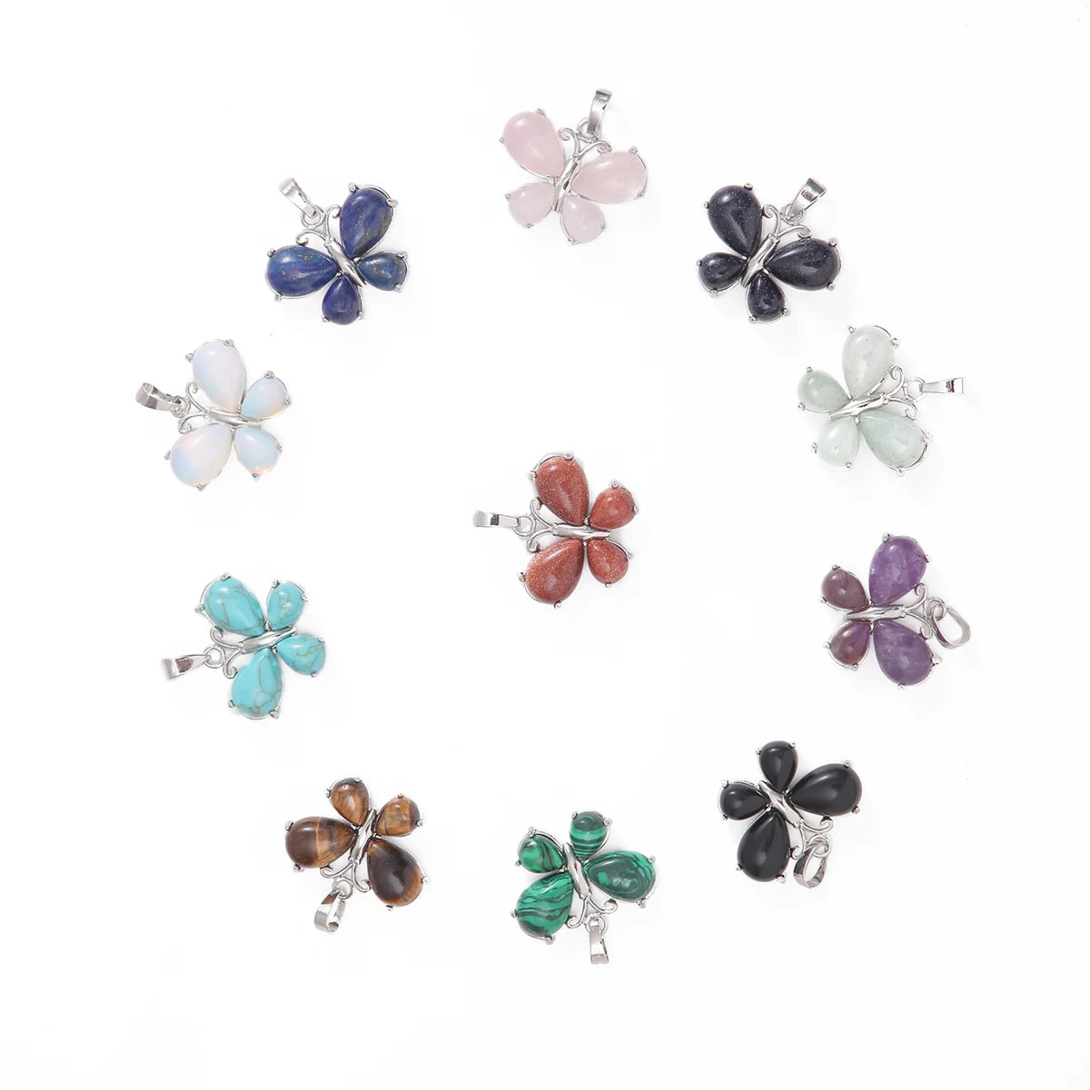 Natural Crystal Butterfly Pendant Teardrop Gemstone Silver‑Plated Alloy Charm Reiki Chakra Healing Stone Pendant for DIY Necklace Jewelry Making Bulk Wholesale
