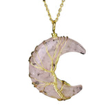 Dainty Gold Crescent Moon Pendant Necklace • Resin Crystal Chip Tree of Life Charm • Wiccan Goddess Spiritual Healing Crystal Jewelry