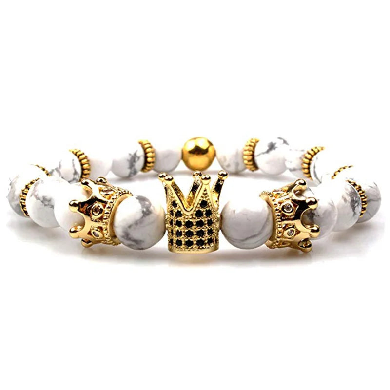 Luxury Crown Charm Bracelet - Natural White Stone Beaded Bracelet Gift for Men & Women
