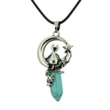 Gothic Star Moon Cat Crystal Necklace, Natural Gemstone Hexagonal Point Pendant, Vintage Silver Crescent Moon Choker with Black Cord for Women