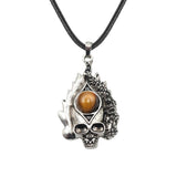 Dark Culture Silver Skull Fire Amulet Necklace • Vintage Biker Flame Skeleton Crystal Holder Pendant • Unisex Hip Hop Streetwear Jewelry