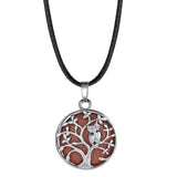 Owl Family Tree of Life Gemstone Necklace – 30mm Round Natural Stone Pendant with 18-Inch Leather Cord