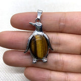 24x35mm Natural Crystal Penguin Pendant Necklace, Silver Alloy Frame Gemstone Charm