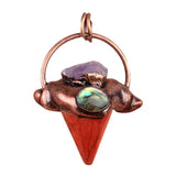 Gothic Mixed Stone Sacred Geometry Pendant - Antique Red Copper Wrapped Crystal Point and Abalone Shell Spiritual Necklace