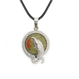 Eagle Silhouette Round Pendant Necklace Silver Lace Frame Natural Crystal Black Wax Cord Spirit Animal Jewelry