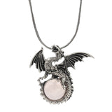 Epic Fantasy Dragon Orb Necklace Set - Punk Rock Biker Winged Dragon Guardian Crystal Pendant with 45cm Snake Chain