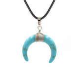 Natural Crystal Double Horn Crescent Moon Pendant, Wire Wrapped Cattle Horn Shape Stone Pendant 33x30mm, Healing Reiki Gemstone Necklace Pendant with Leather Cord for Jewelry Making Boho Gift