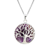 Round Tree of Life Natural Gemstone Pendant Necklace Multi Color Healing Crystal Silver Plated Charm Jewelry for Women Gift