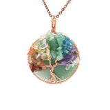 Chakra Tree of Life Wire Wrapped Pendant, Natural Crystal Chip Stone Round Pendant 45mm, Rose Gold Copper Handmade Wrapped Healing Reiki Crystal Necklace Pendant for Jewelry Making Gift