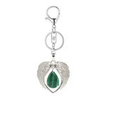 Silver Angel Wings Heart Keyring - Natural Stone Teardrop Crystal Keychain for Purse, Backpack, Handbag, Car Keys
