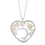 Heart Shaped Tree of Life Pendant Necklace, Natural Chip Gemstone Chakra Crystal Necklace Silver Wire Wrapped Jewelry Gift for Women