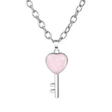 Heart Key Natural Crystal Pendant Necklace Silver Alloy Love Lock Gemstone Chakra Healing Necklace for Women Gift