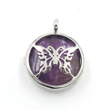 Silver Plated Hollow Butterfly Pendant Natural Round Cabochon Gemstone Inlay Charm for DIY Necklace Jewelry Making
