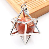 Merkaba Star Cage Natural Sphere Crystal Pendant Necklace, Silver‑Tone Metal Hollow Star Frame with Round Gemstone Bead Reiki Chakra Healing Necklace for Women