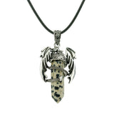 Gothic Winged Dragon Hexagonal Crystal Point Necklace, Vintage Silver Pterosaur Column Pendant, Punk Minimalist Protection Amulet with Black Rope Cord for Men & Women